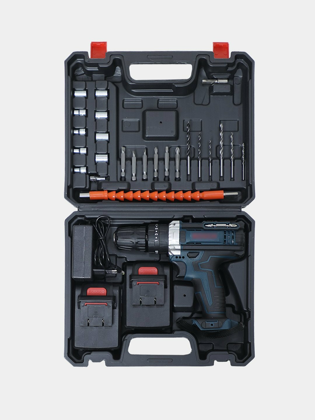 Ударная дрель-шуруповерт, кейс, 3 скорости, 2 батареи, набор 24 предмета — фото 1