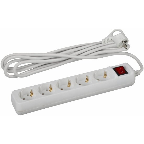 Удлинитель электрический ЭРА с заземл. и выкл. 5 розеток 5м ПВС 3x1 16А, Белый, U-5es-5m-3x1 (Б0028383)