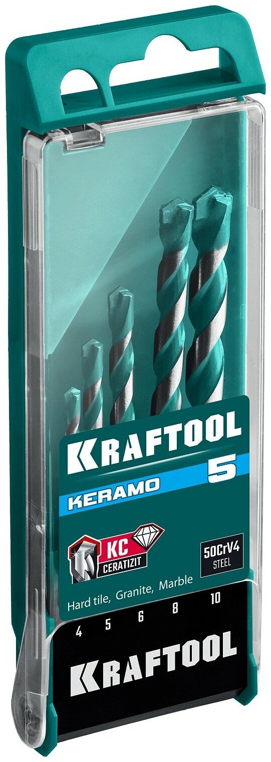 KRAFTOOL KERAMO 5 шт: 4-5-6-8-10 мм набор сверл по керамограниту с твердосплавной пластиной