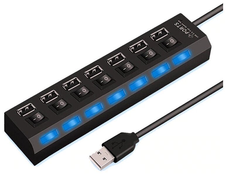 USB-концентратор (разветвитель, Хаб) GSMIN A78 на 7 портов с выключателем (43 см) (1А, 5V, USB 2.0) (Черный)