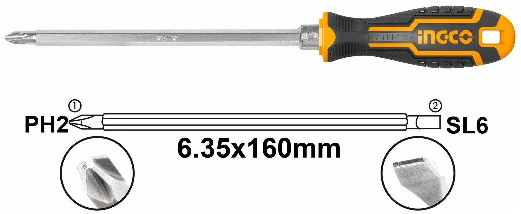 Отвертка двухсторонняя 2 в 1 6.35Х160мм SL6 и PH2 CR-V сталь INGCO - фотография № 3