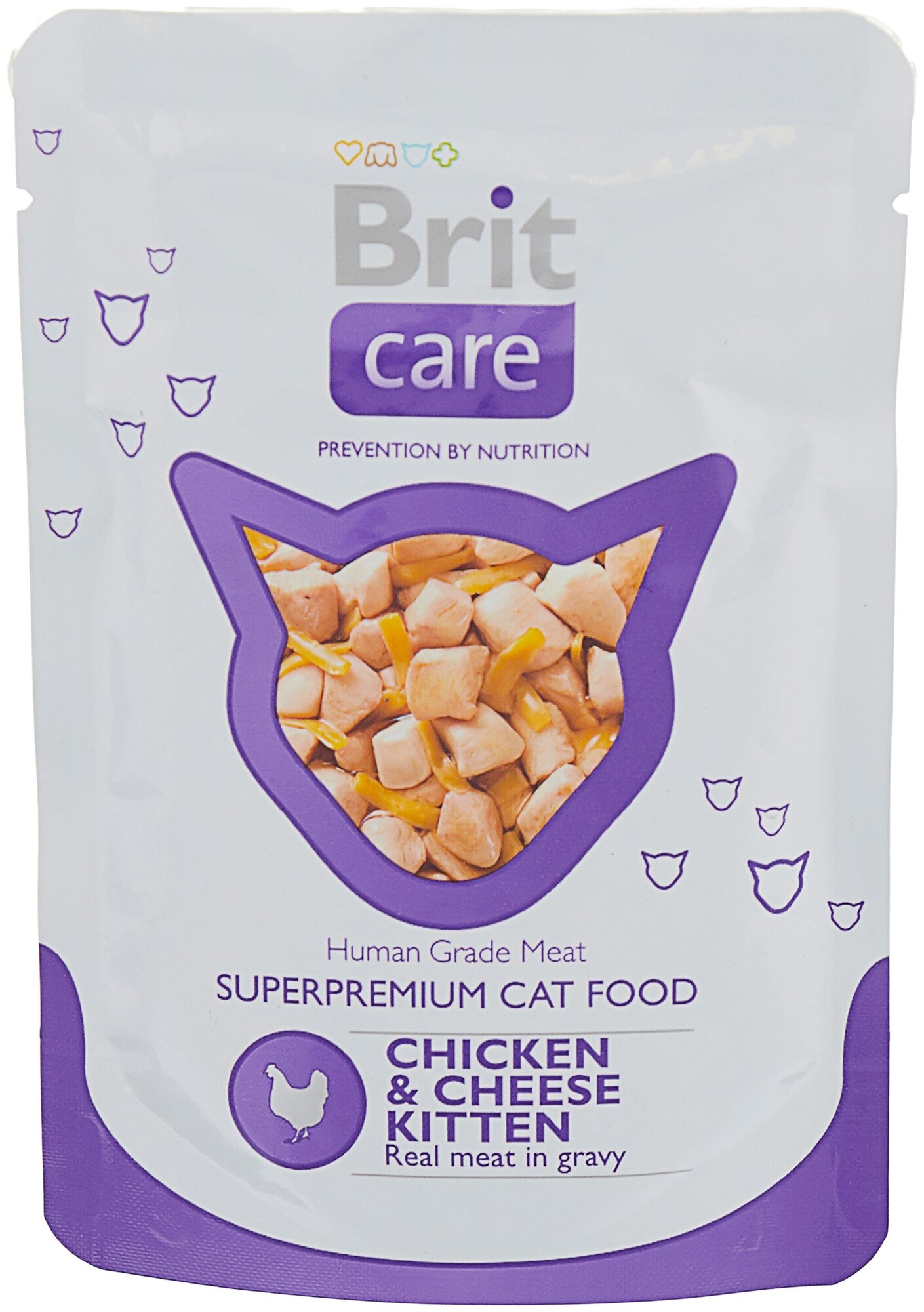 Влажный корм для котят Brit Care, с курицей, с сыром 2 шт. х 80 г (кусочки в соусе) паучи