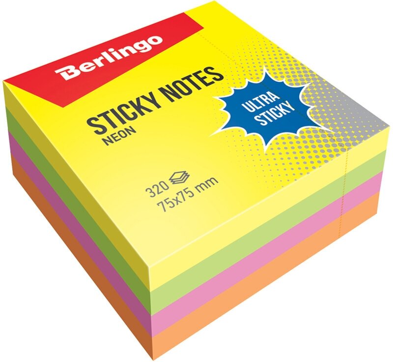 Самоклеящийся блок Berlingo "Ultra Sticky", 75*75мм, 320л, 4 неоновых цвета - 2 шт.