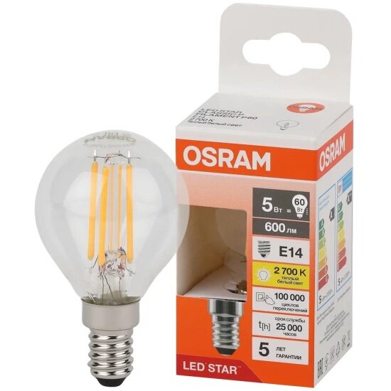 Светодиодная лампа Ledvance-osram Osram LED STAR CL P60 5W/827 220-240V FIL CL E14 600lm