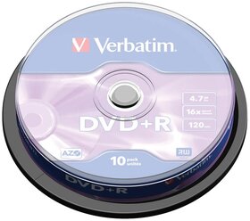 Диск DVD+R Verbatim 4.7Gb 16x AZO 10 шт. cake box