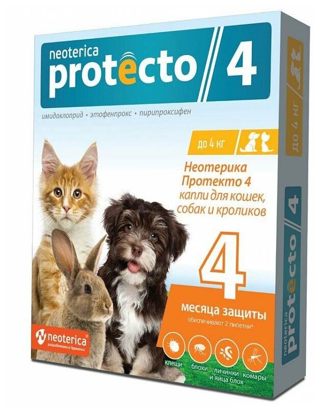 Neoterica раствор от блох и клещей Protecto 4 для кошек и собак от 3 мес