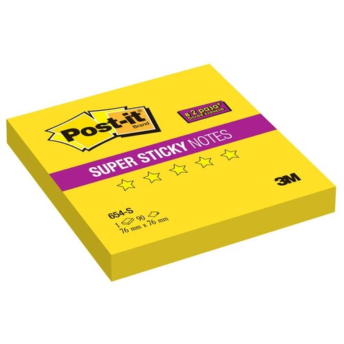 Post-it Блок-кубик Super Sticky, 76x76 мм, 90 штук (654) желтый неоновый 90 г/м² комплект 18 штук стикеры post it basic 654r bp розов 76х76 мм 100 л