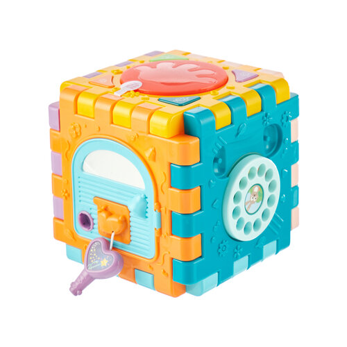 Развивающая игрушка Huanger Разивающий интерактивный бизикуб, 6 в 1, со звуком, оранжевый/фиолетовый/желтый/голубой