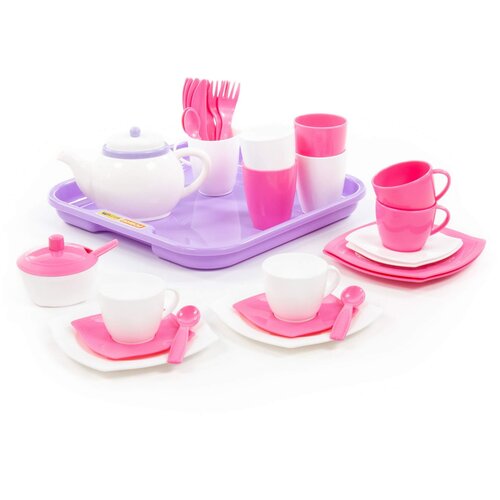 полесье игрушечный набор посуды полесье алиса на 4 персоны с подносом 40619 Набор посуды Полесье Алиса с подносом на 4 персоны 58973 белый/розовый