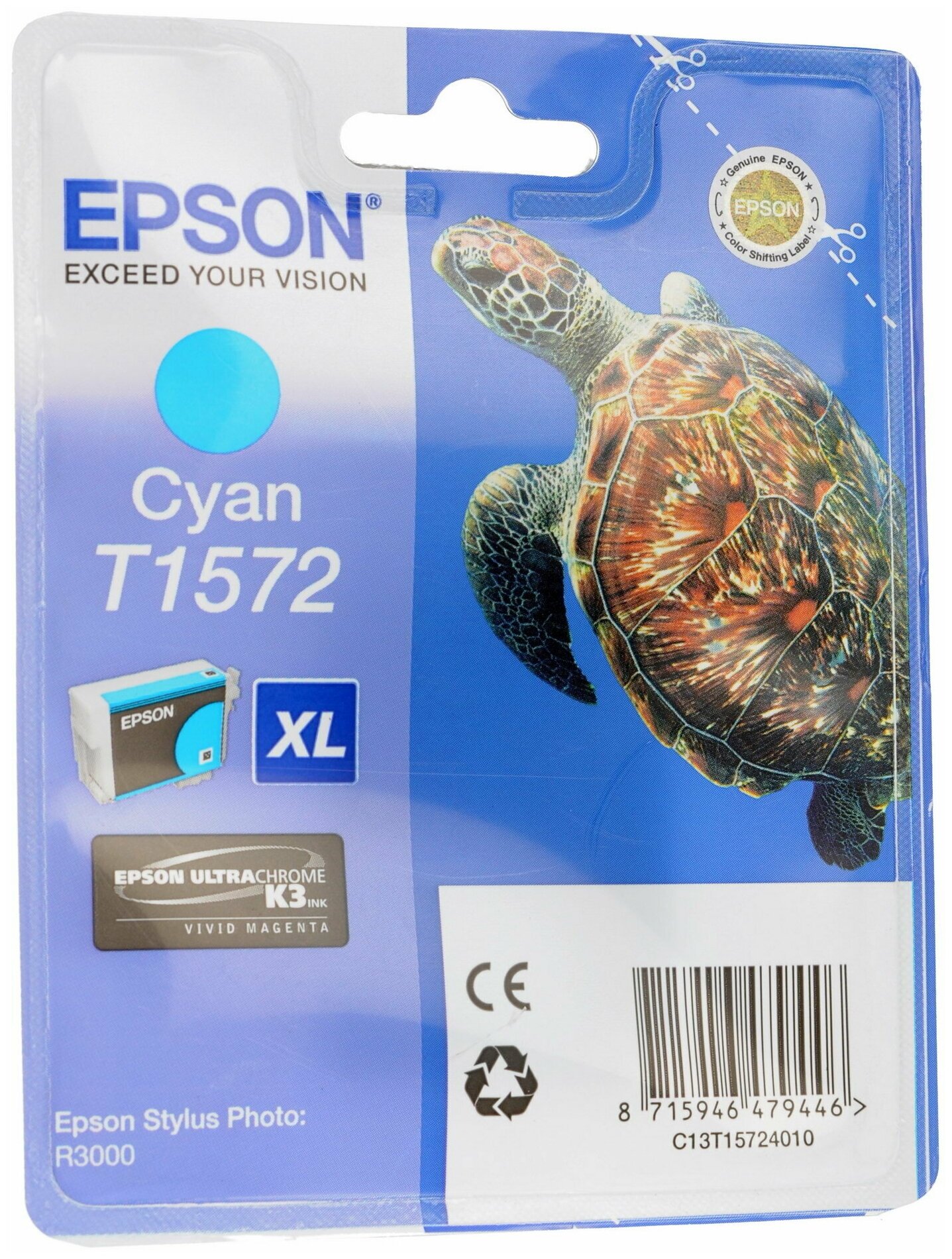 Картридж для струйного принтера EPSON T1572 Cyan C13T15724010, 850 стр, 25,9 мл. голубой