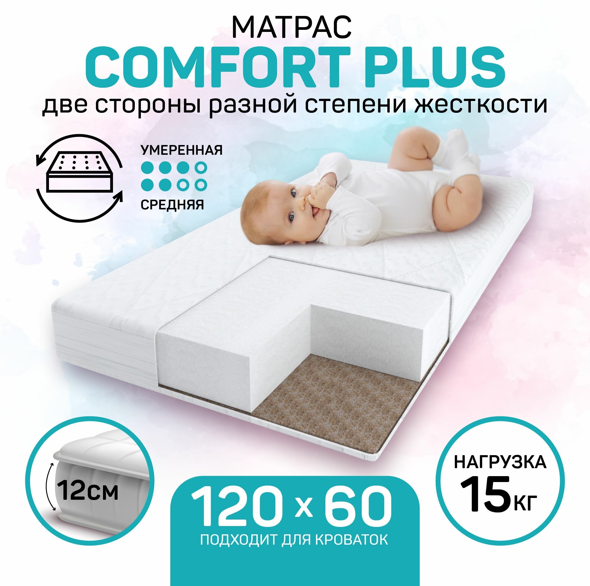 Матрас Amaro Baby со съемным чехлом, Comfort Plus (прямоугольный) 1190 x 590 х 120 (10мм - бикокос, 110 мм - холлокон, аэрофайбер, хлопок)