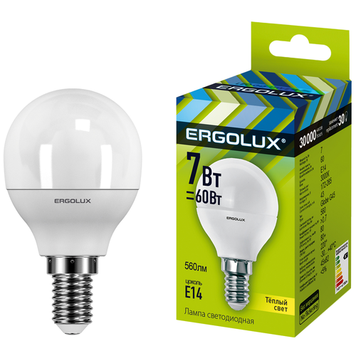 Ergolux (Эл.лампа светодиодная Шар 7Вт E14 3000K 172-265В) ERGOLUX LED-G45-7W-E14-3K (1 шт.)