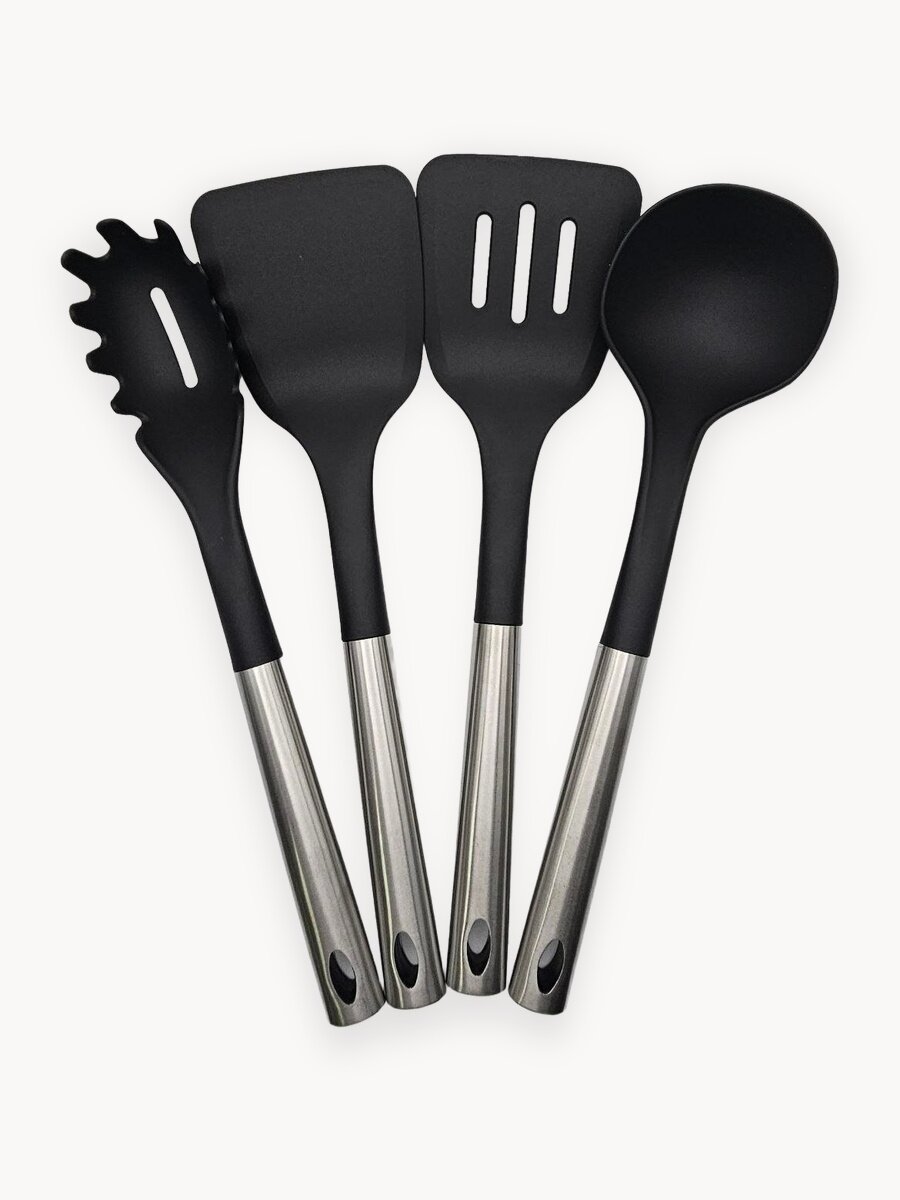 Набор кухонных принадлежностей . 4 предмета, цвет черный/серебристый , нейлон