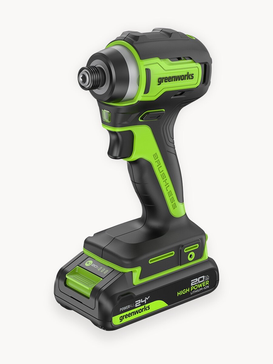 Винтоверт ударный Greenworks 24V, б/щет, 0-3200об/мин, 4000 уд/мин, HEX 1/4, 170Нм, 2АКБх2Ач и ЗУ