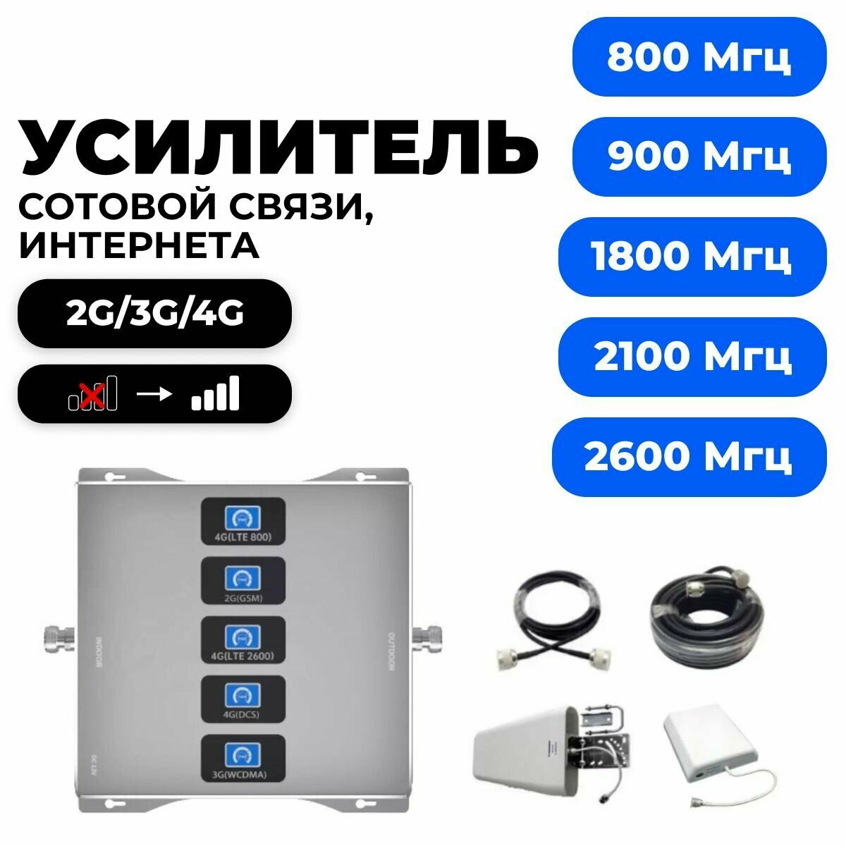 Усилитель сигнала сотовой связи 2G 3G 4G комплект репитер Telestone 800/900/1800/2100/2600 МГц