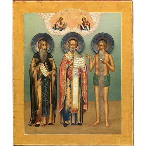 Икона три святителя: Онуфрий Великий, Иоанникий Великий, Николай Чудотворец Мирликийский деревянная икона на левкасе 26 см икона святой онуфрий великий на дереве на левкасе
