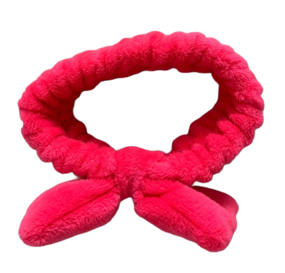 Розовая косметическая повязка для волос с бантом / Мягкая повязка на голову для дома / Женская повязка для умывания из флиса