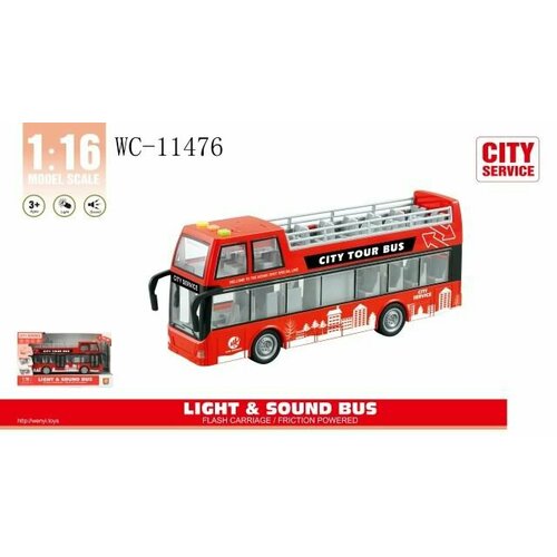 Игрушка Автобус двухэтажный экскурсионный 1:16 фрикционный свет звук - Junfa [WC-11476] инерционная модель технопарк двухэтажный автобус свет звук 25 см