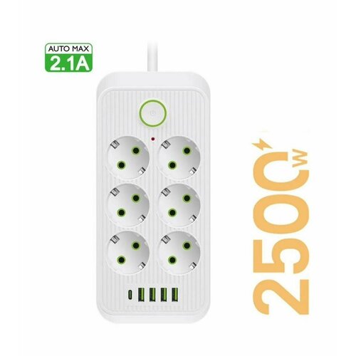 Сетевой фильтр Rapture-1075, 6 евро-розеток, 1x Type-C + 4x USB, 2.0M, белый