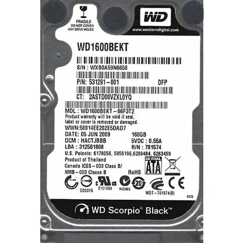 Жесткий диск Western Digital WD1600BEKT 160Gb 7200 SATAII 25 HDD 375500₽