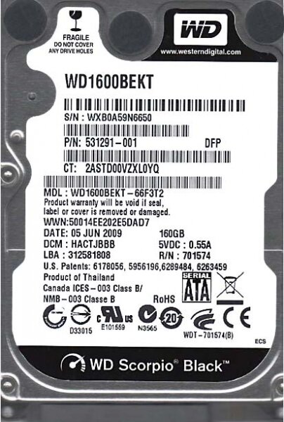 Жесткий диск Western Digital WD1600BEKT 160Gb 7200 SATAII 2,5" HDD