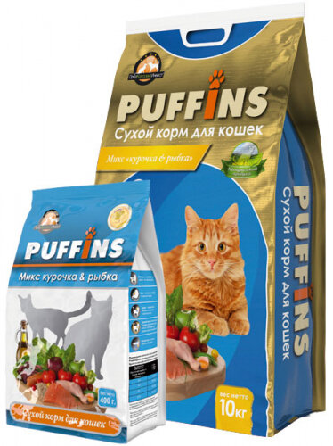Корм сухой Puffins для кошек Курочка и рыбка 400 гр