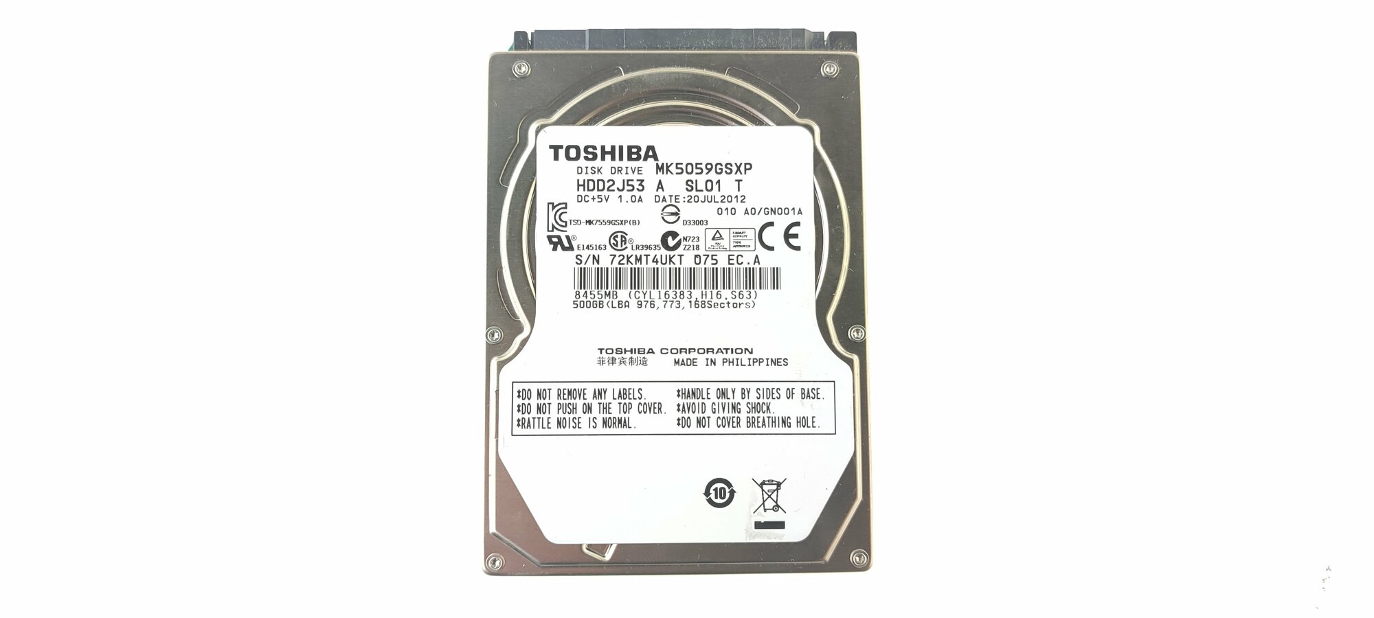 Жесткий диск для ноутбука 2,5" SATA II Toshiba объем 500 Gb (5400rpm 8Mb) (Б/У)