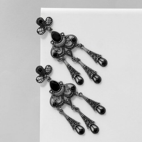 бижу комплект серьги висячие со стразами водопад цвет чёрный в серебре 1 пара Серьги , акрил, черный