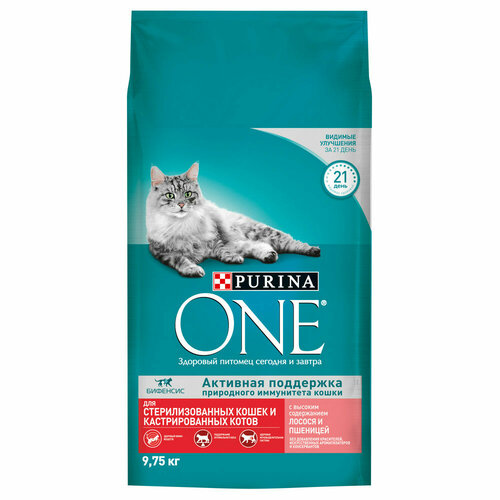 Сухой корм Purina ONE для стерилизованных кошек, с лососем, пакет, 9.75 кг