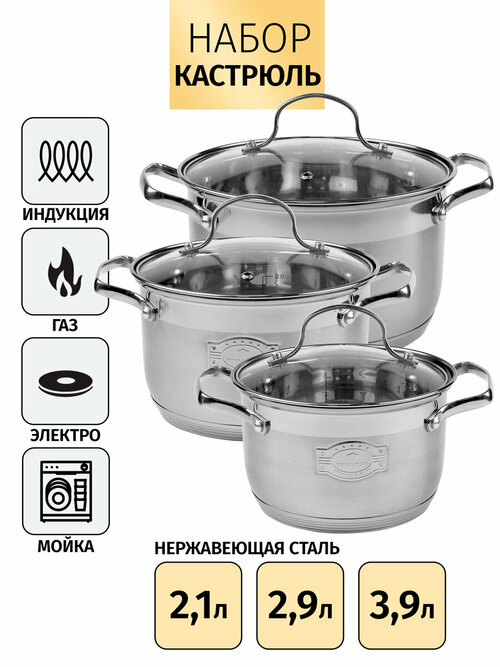 Набор кастрюль Royal Chef из нержавеющей стали. 2,1 л/2,9 л/3,9 л