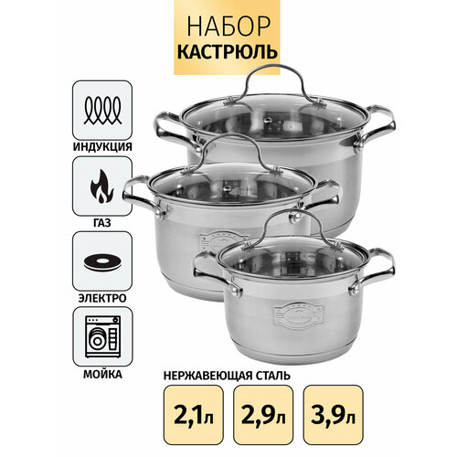 Набор кастрюль Royal Chef из нержавеющей стали. 2,1 л/2,9 л/3,9 л
