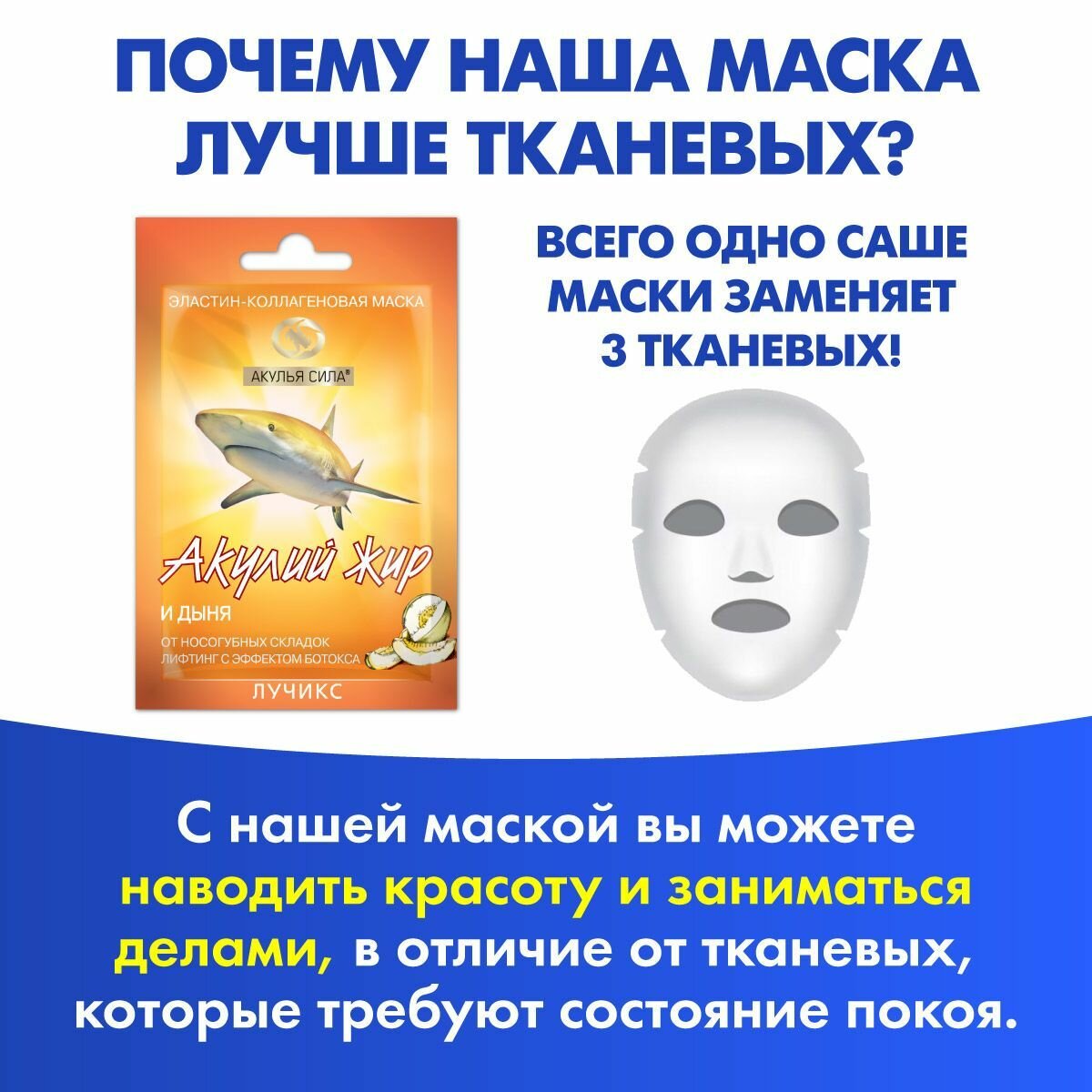 Акулья сила. Эластин-коллагеновая маска для лица от носогубных складок и глубоких морщин. Акулий жир и дыня. Набор 4 шт — фото 1
