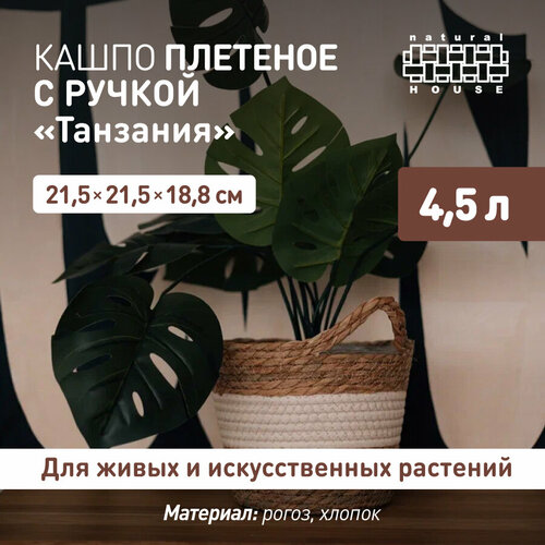 Кашпо для цветов с ручкой Танзания Natural House 45 л 22х22х19 см Плетеное кашпо напольное рогоз полипропилен хлопок цвет натуральный 613₽
