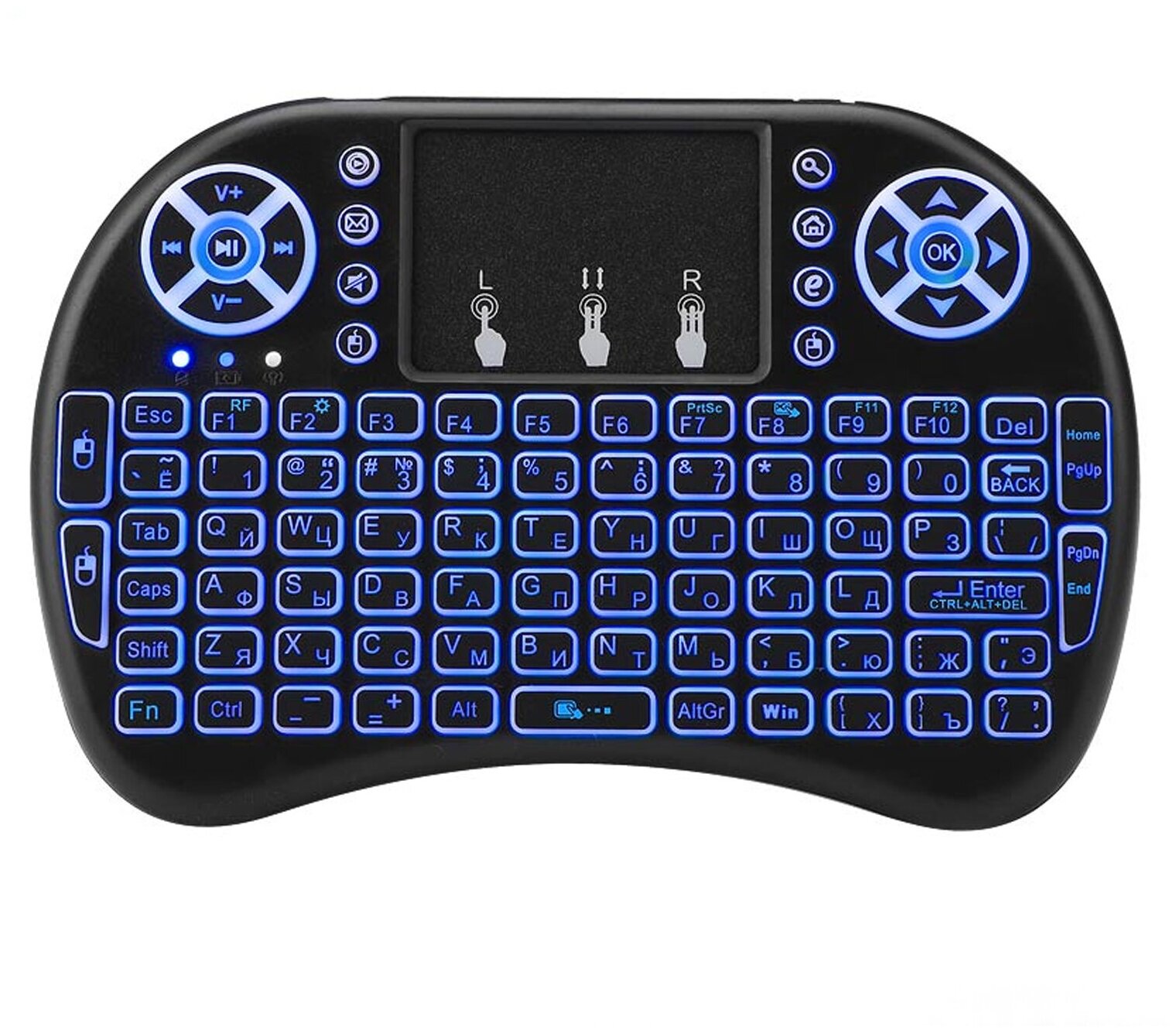 Беспроводная клавиатура GoldMaster i8 черный, русская и английская раскладки, с RGB подсветкой, аккумулятором и RUS инструкцией.