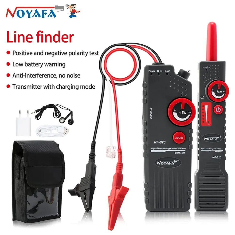 NOYAFA NF-820 Подземный кабельный локатор, трекер проводов, сетевой тестер, локатор проводов для высокого и низкого напряжения с зажимом типа «крокодил», NF-820
