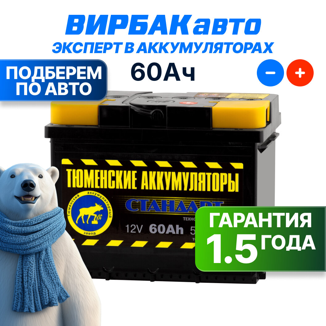Аккумулятор тюменские аккумуляторы стандарт 60 Ач 550 А обратная полярность, 242x175x190 мм