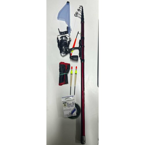 Удочка Shimano, 5 метров, с катушкой, карбоновая, красная, быстрая, 15-40 грамм в комплекте поплавки 3 шт крючки набор грузило чехол.