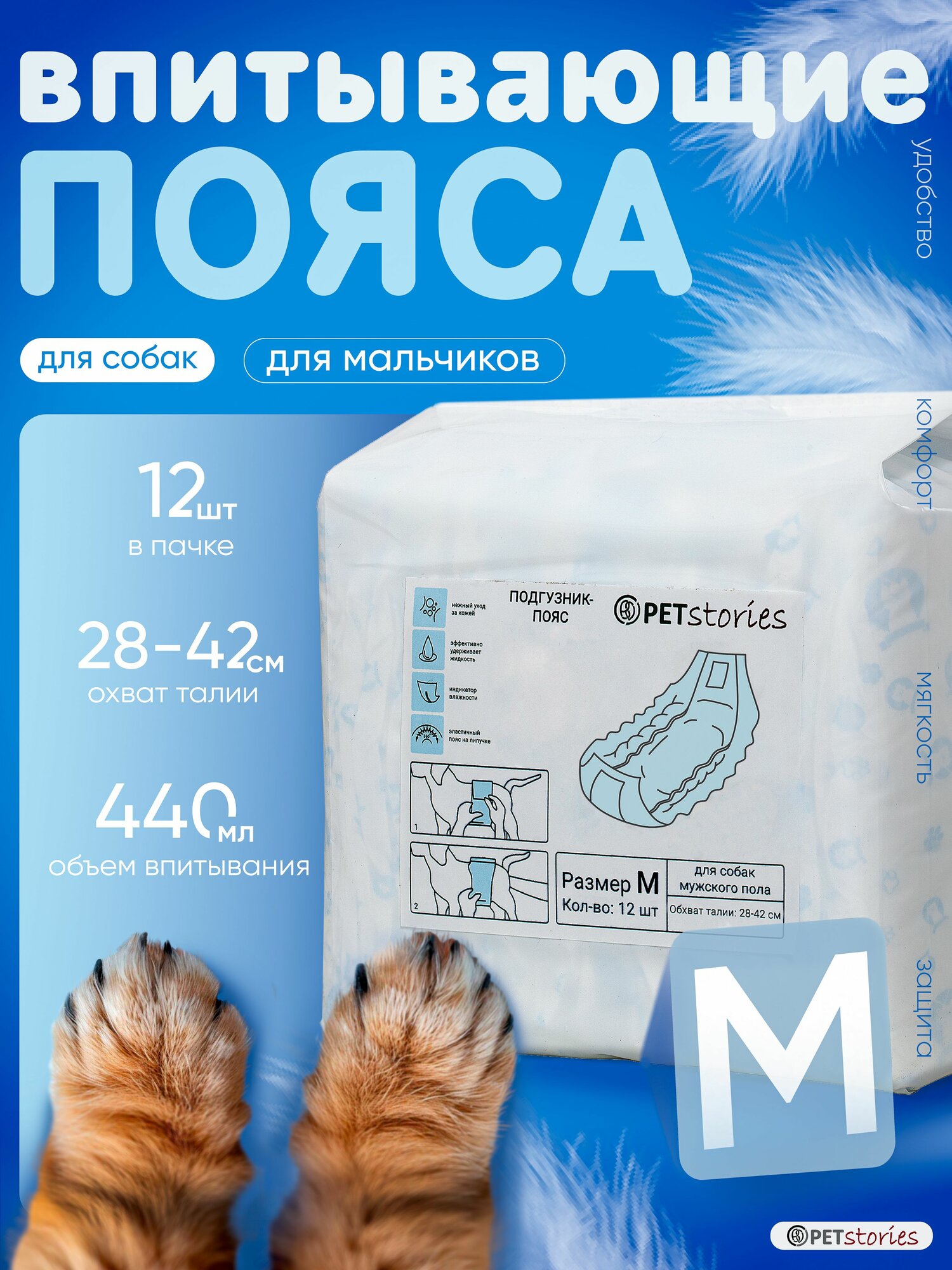 Одноразовые впитывающие пояса для кобелей. Размер M. 12 штук
