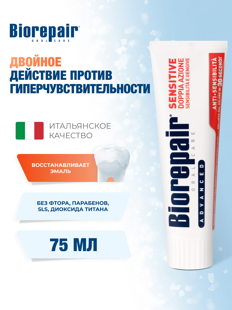 Зубная паста Biorepair Sensitive Double Action, против гиперчувствительности для чувствительных зубов, 75 мл