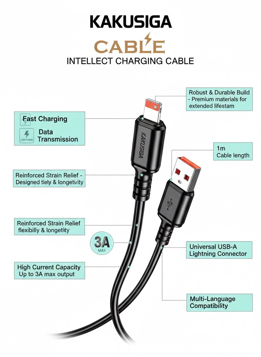 Кабель Kakusiga, для быстрой зарядки Lightning, 3А, 1 м, чёрный — фото 1