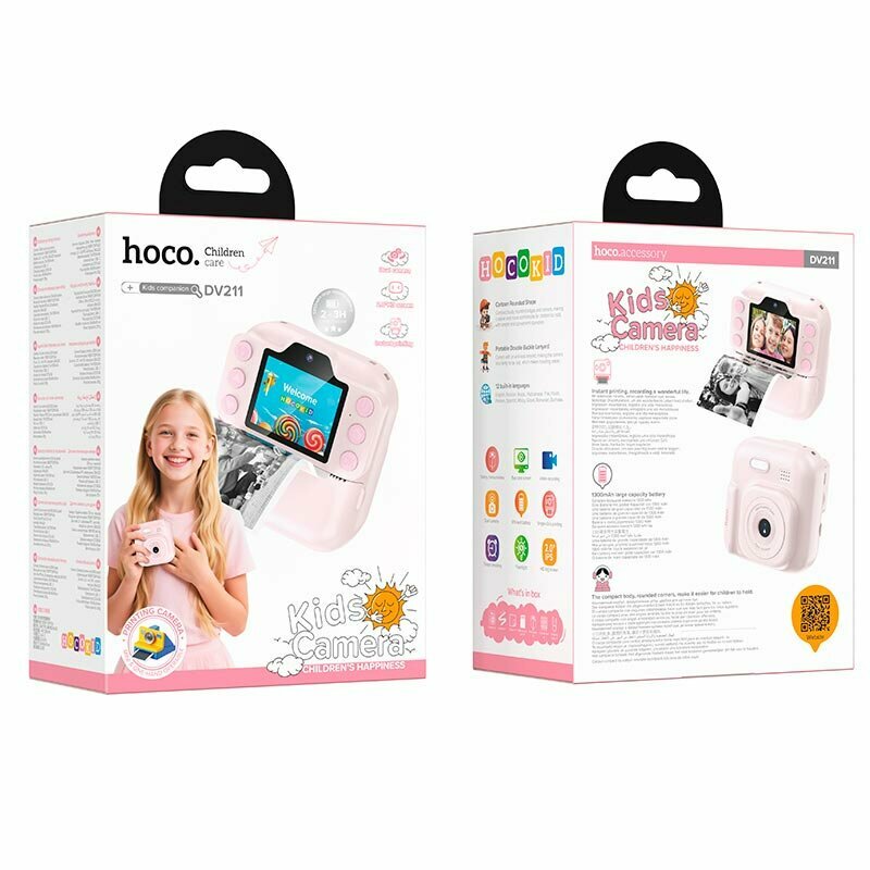 Детская камера Hoco DV211 — двухобъективная, 1080P, экран 2.0”, аккумулятор 1300 мА·ч, комплект с бумагой и стикерами