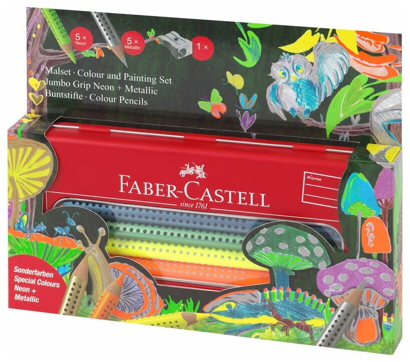 Карандаши цветные Faber-Castell "Jumbo Grip Neon+Metallic", 10 цветов, трехгранные, утолщенные, заточенные