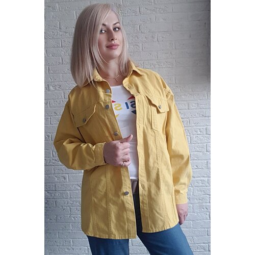 фото Джинсовая куртка , демисезон/лето, оверсайз, карманы, манжеты, размер freesize, желтый bgt