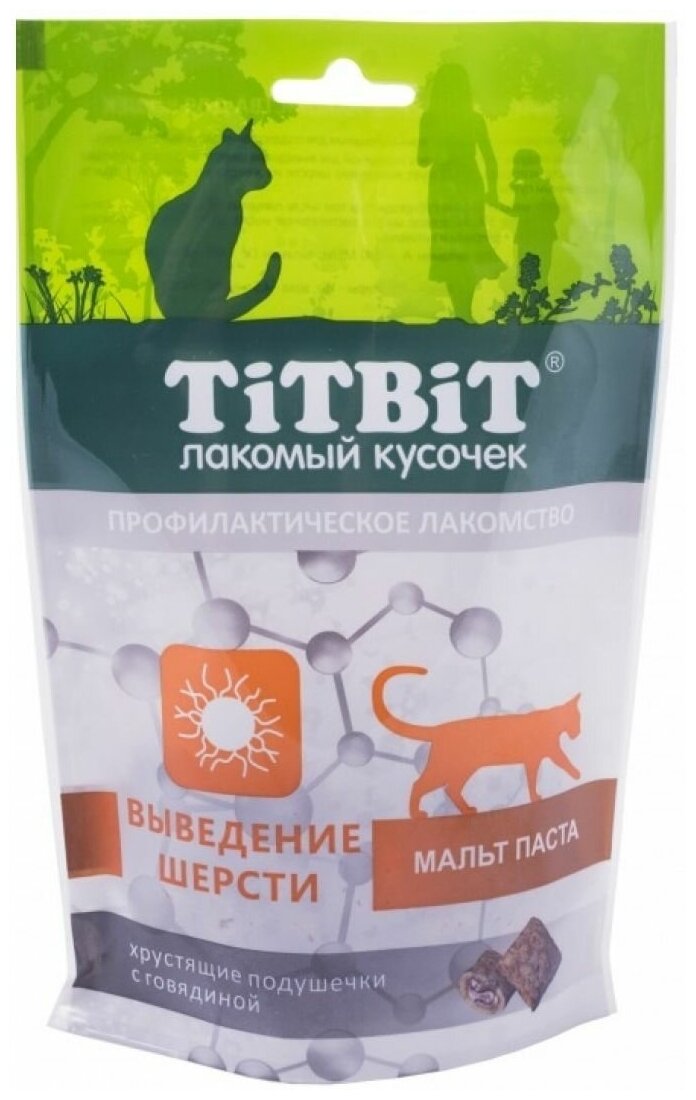 TiTBiT 1шт х 60г хрустящие подушечки для кошек с говядиной для выведения шерсти