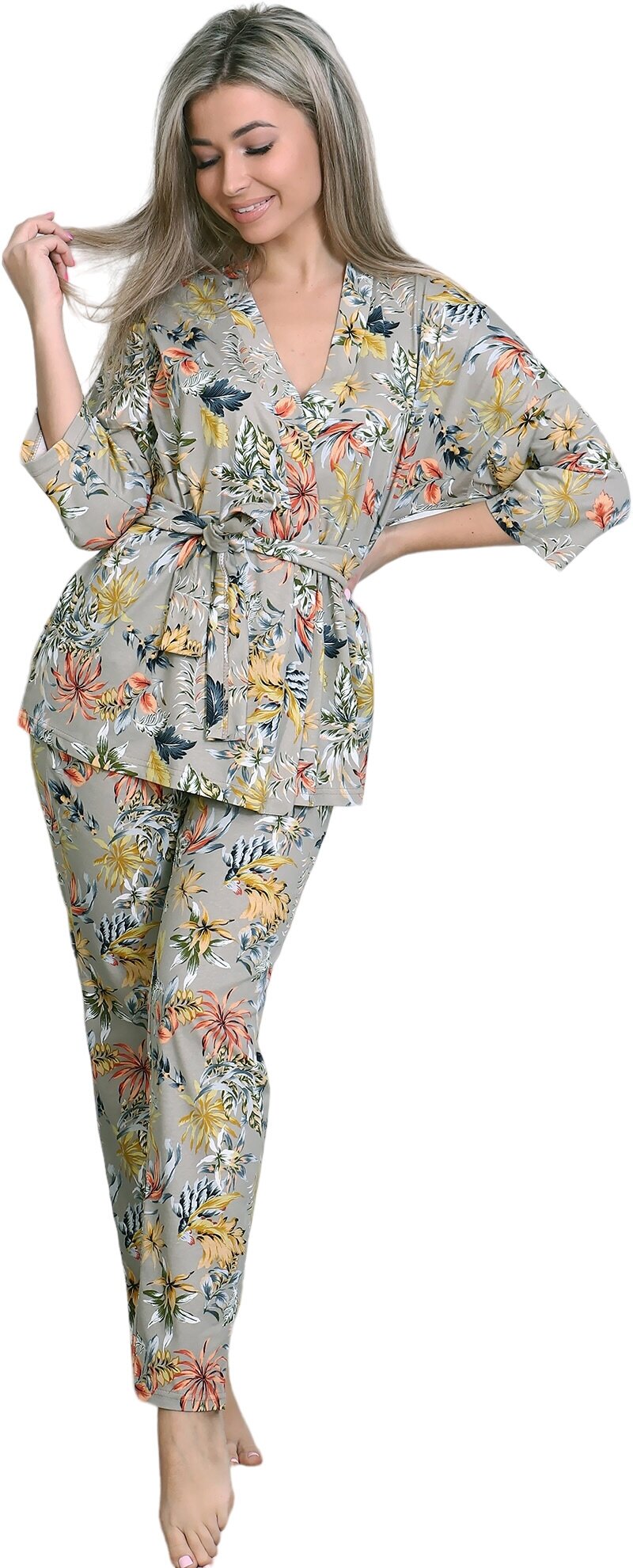 Домашняя женская пижама со штанами хлопок с длинным рукавом (бежевый / 56) - фотография № 1