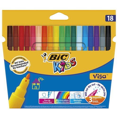 фото Набор фломастеров 18 цветов bic kids visa 880 (линия 0.9мм, смываемые) картон, европодвес (888681)