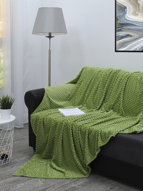 Плед 200х220 кубики зеленый, евро, 2-спальный, покрывало, плед на диван кровать в гостиную спальню детскую теплый пушистый