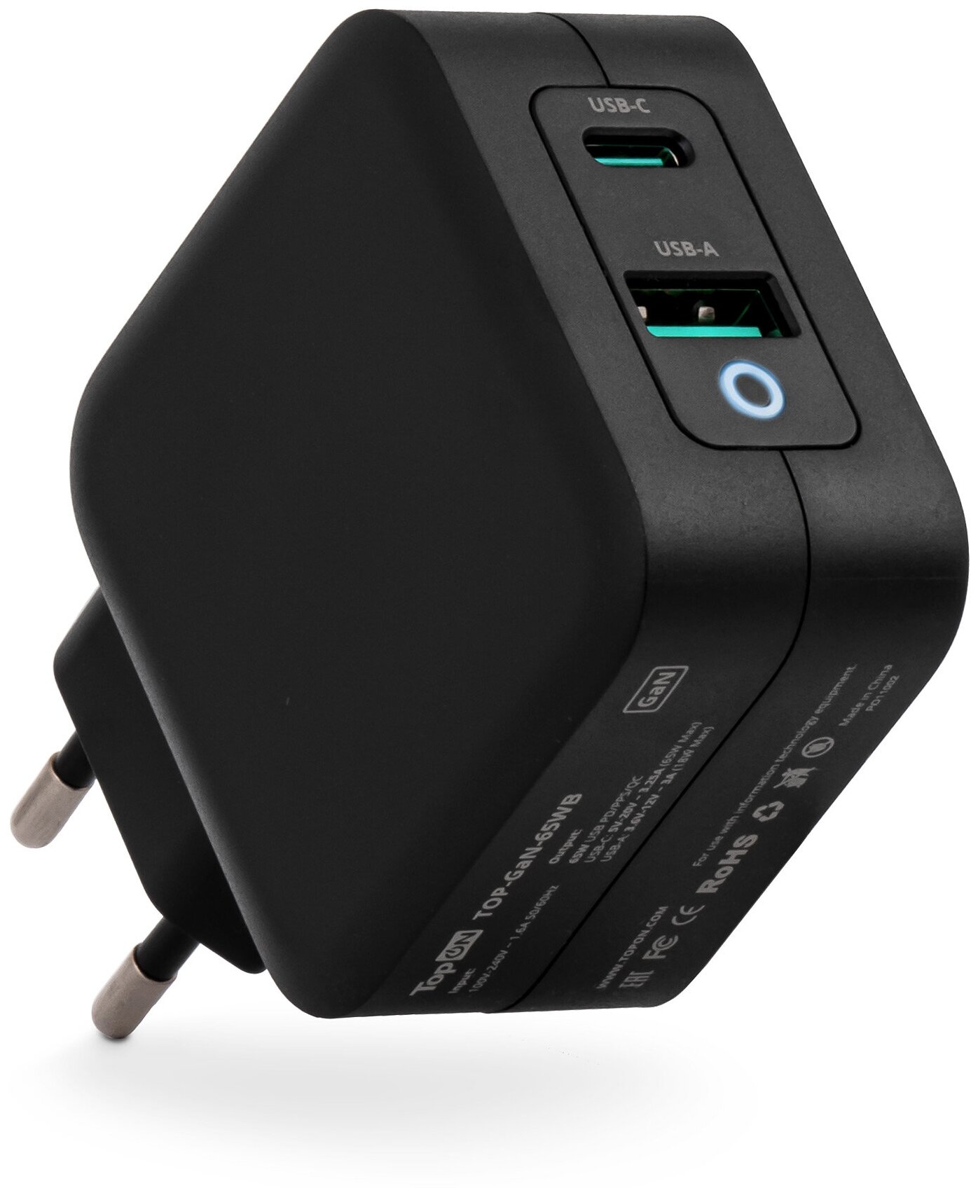 Сетевое зарядное устройство TopON GaN 65W USB + Type-C черный