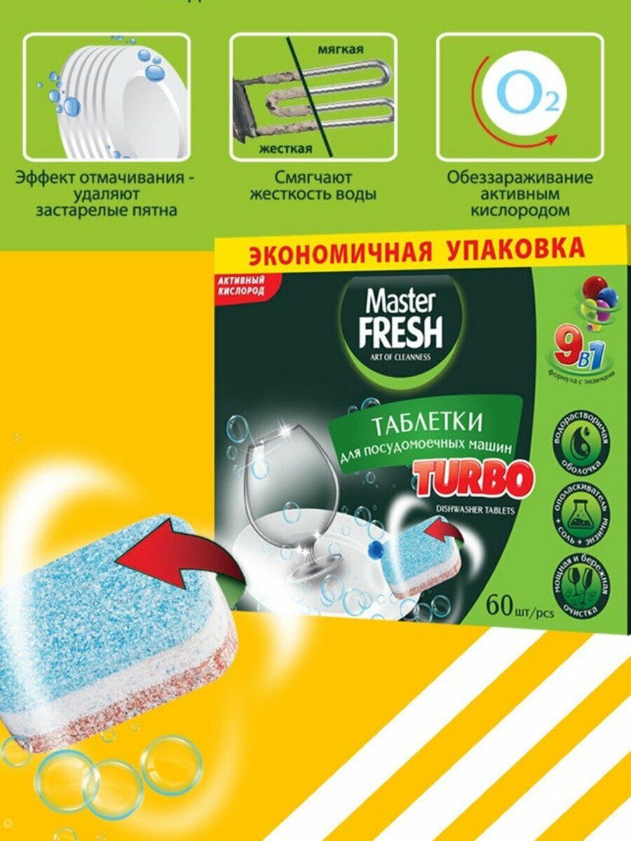 Таблетки для посудомоечной машины Master Fresh Turbo 9в1 в растворимой оболочке трехслойные 60шт - фотография № 6