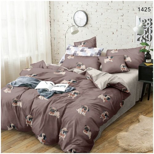 Комплект Постельного Белья 1,5 спальный Мопс поплин 100% хлопок Ночной Поцелуй КПБ